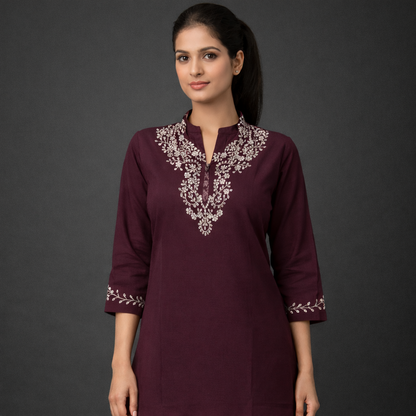 Wine Elegance Embroidered Kurti