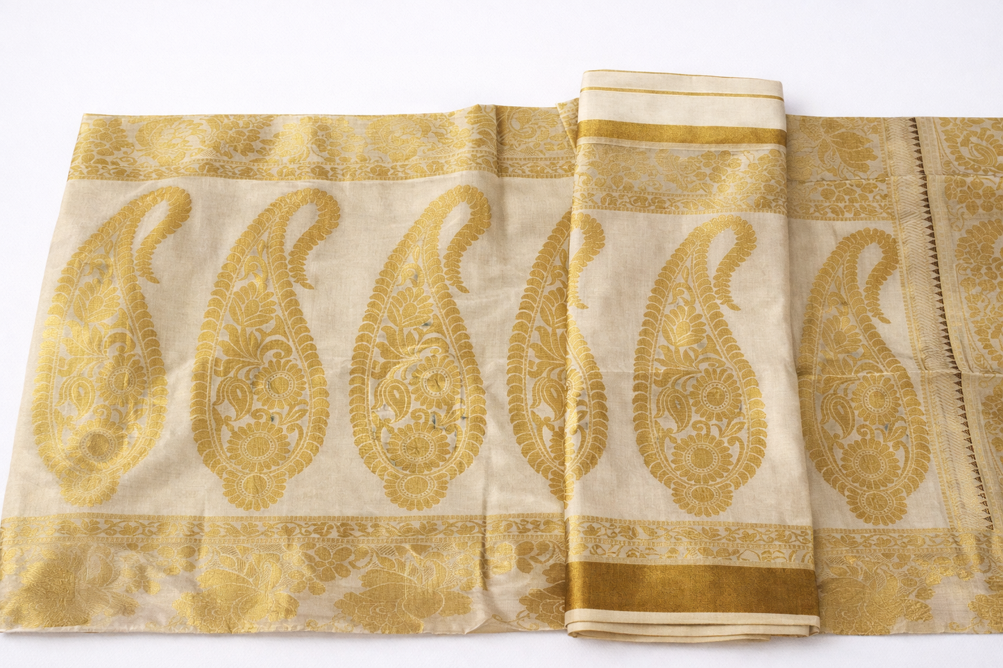 Elegant Off-White Tissue Silk Saree with Gold Zari Motifs & Traditional Border