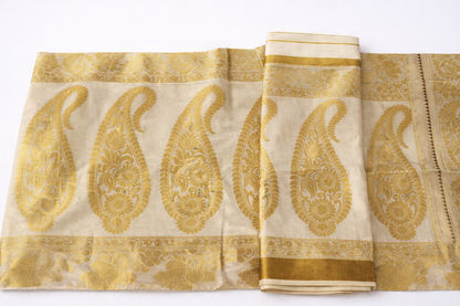 Elegant Off-White Tissue Silk Saree with Gold Zari Motifs & Traditional Border