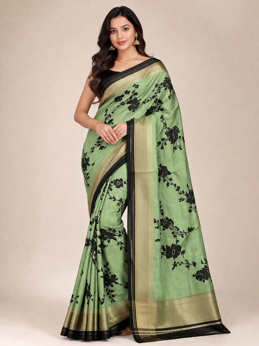 Elegant Floral Print Linen Saree with Contrast Border & Rich Pallu (Ready with Fall & Pico)