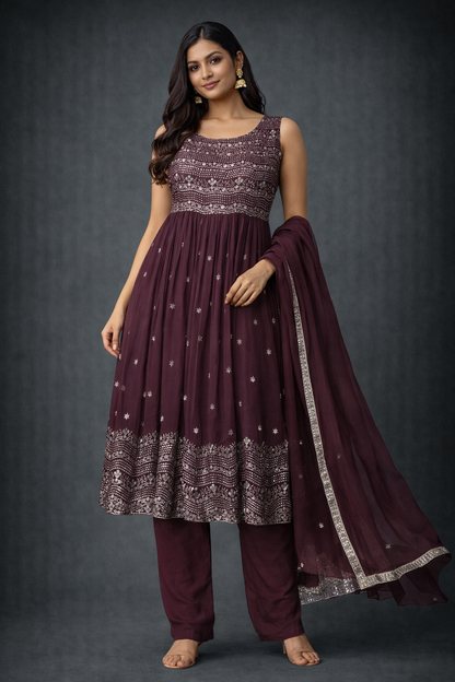 Elegant Wine Embroidered Anarkali Set