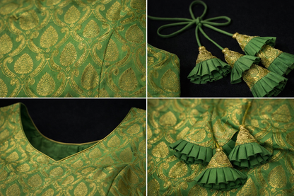 Emerald Green Brocade Designer Blouse with Pleated Tassels
