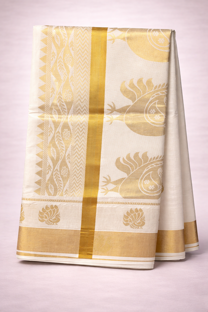 Ivory Cream Tissue Silk Saree with Traditional Gold Zari Peacock Design
