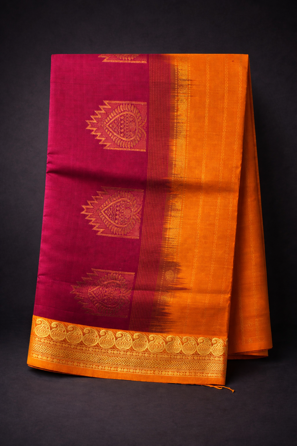 Royal Maroon & Mustard Kanchipuram Silk Saree with Rich Gold Zari Border