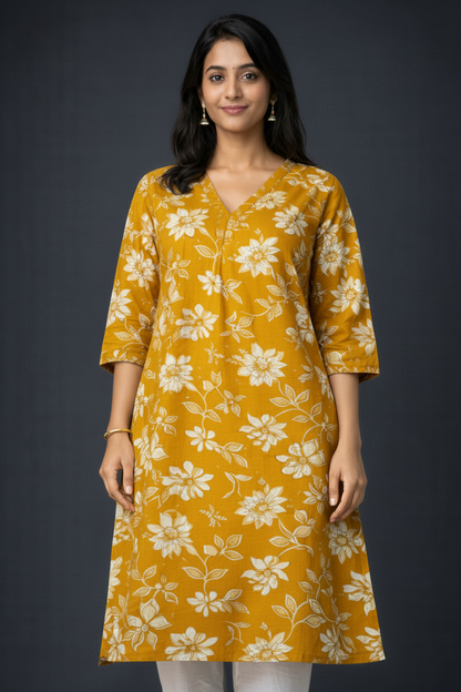 Mustard Yellow Floral Printed Kurti