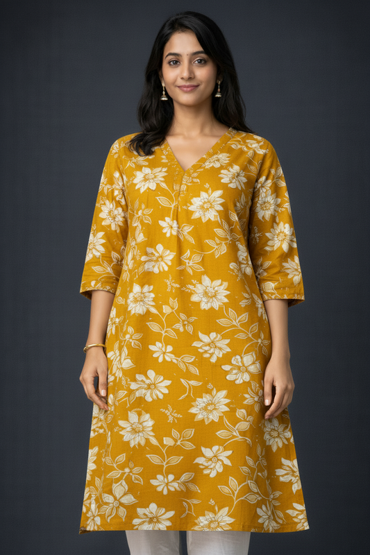 Mustard Yellow Floral Printed Kurti