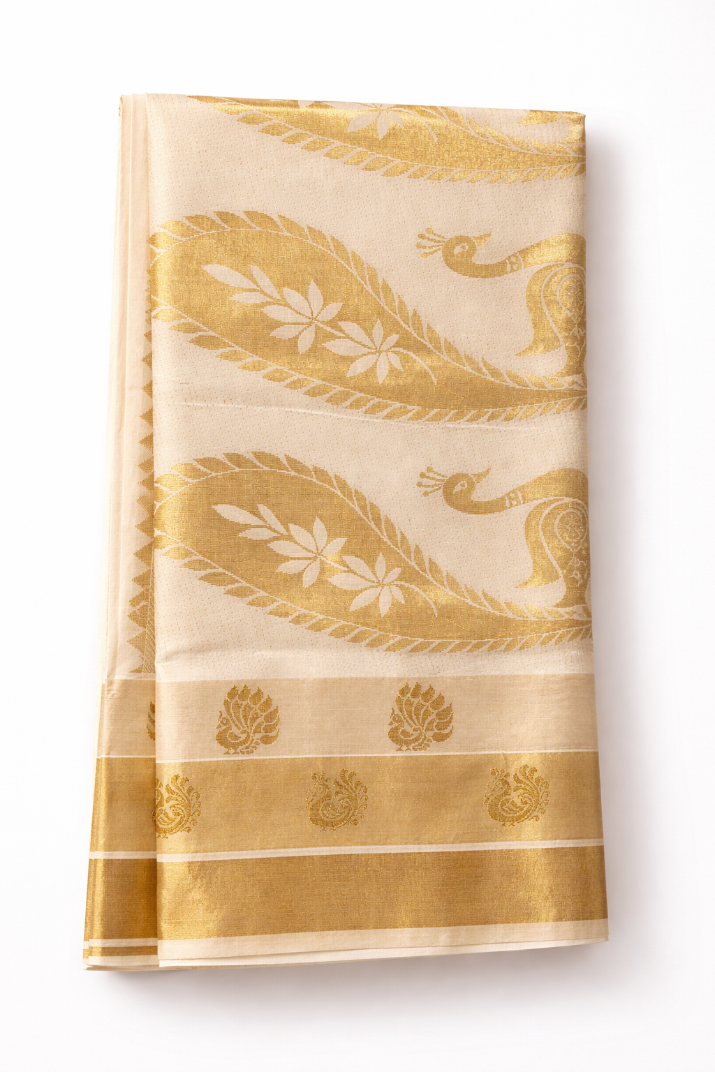 Ivory Cream Tissue Silk Saree with Traditional Gold Zari Peacock Design