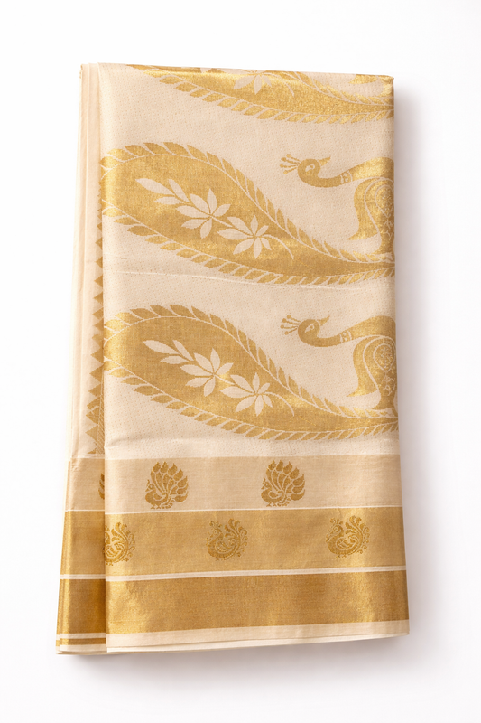 Ivory Cream Tissue Silk Saree with Traditional Gold Zari Peacock Design
