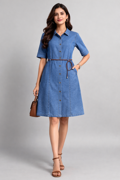 Blue Denim Button-Down Kurti Dress with Belt