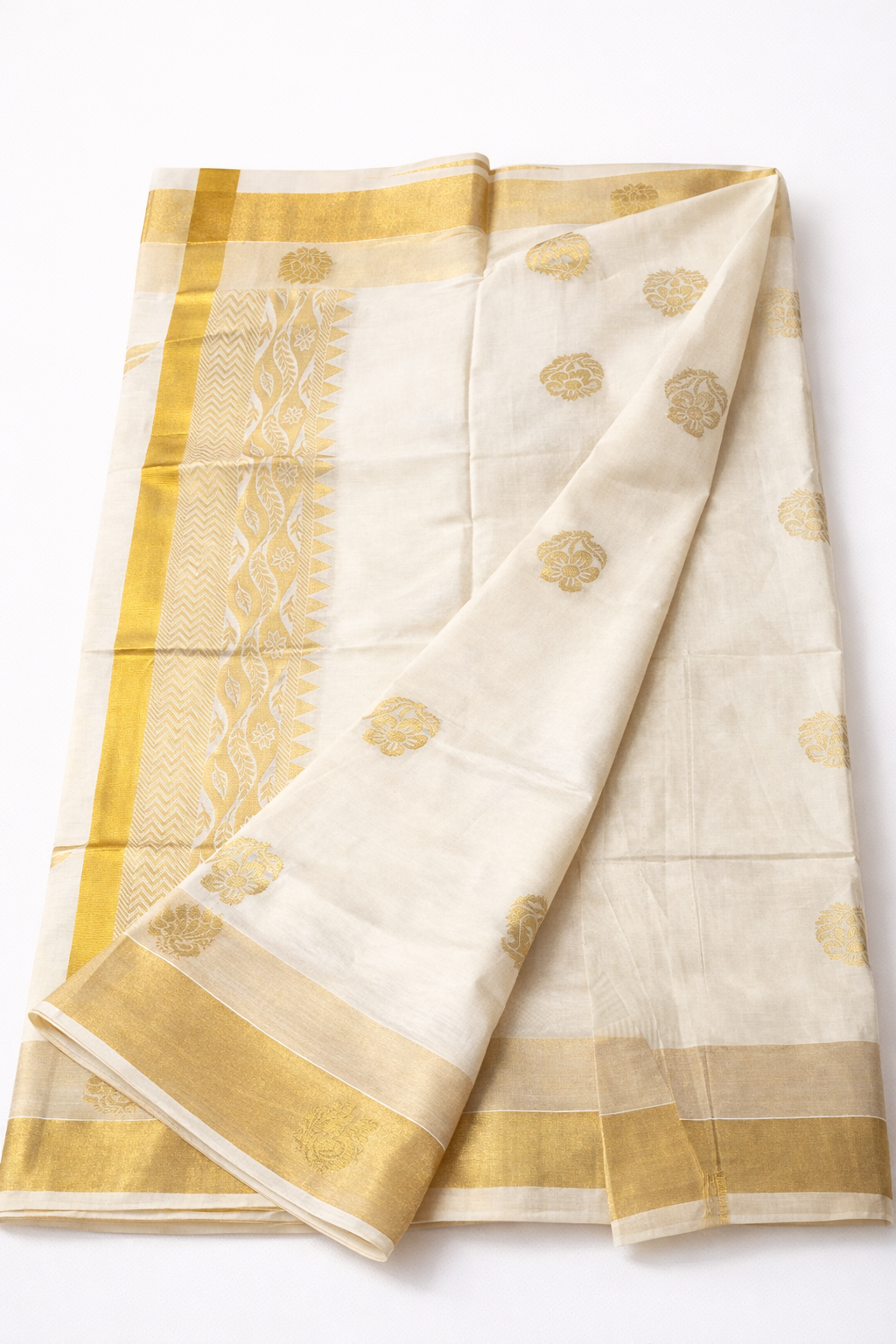Ivory Cream Tissue Silk Saree with Traditional Gold Zari Peacock Design