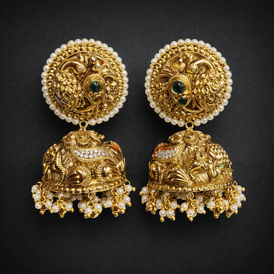 Antique Gold Peacock Pearl Earrings with Green Stone