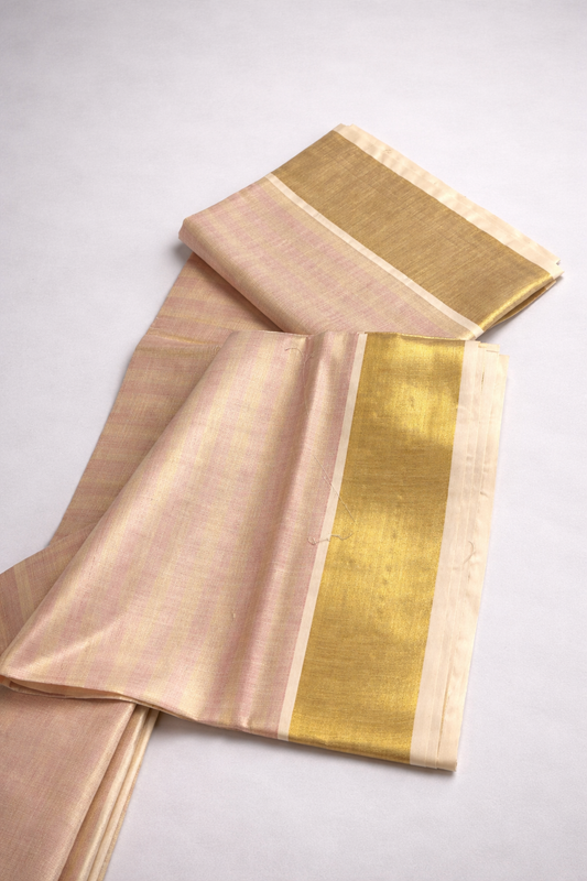 Elegant Rose Gold Tissue Silk Saree with Classic Gold Zari Border