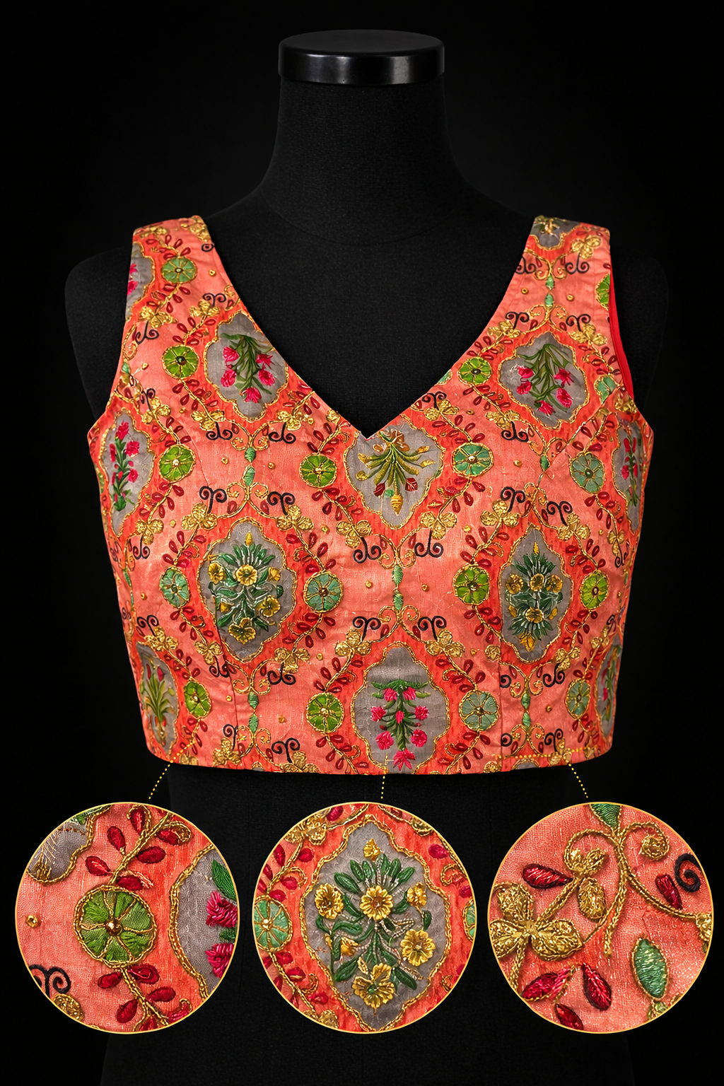 Peach Floral Embroidered V-Neck Blouse