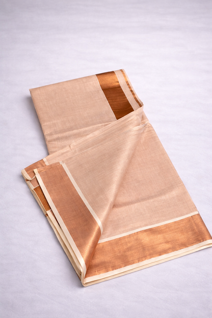 Elegant Pastel Peach Semi Tissue Silk Saree with Copper Zari Border