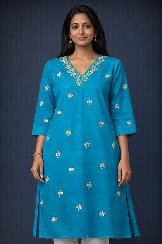 Teal Blue Embroidered Kurti