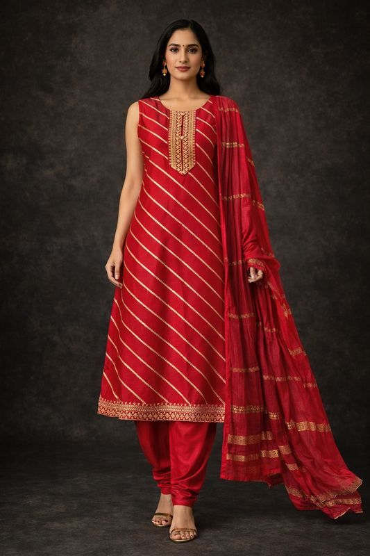 Elegant Red Embroidered Chudithar Set with Dupatta