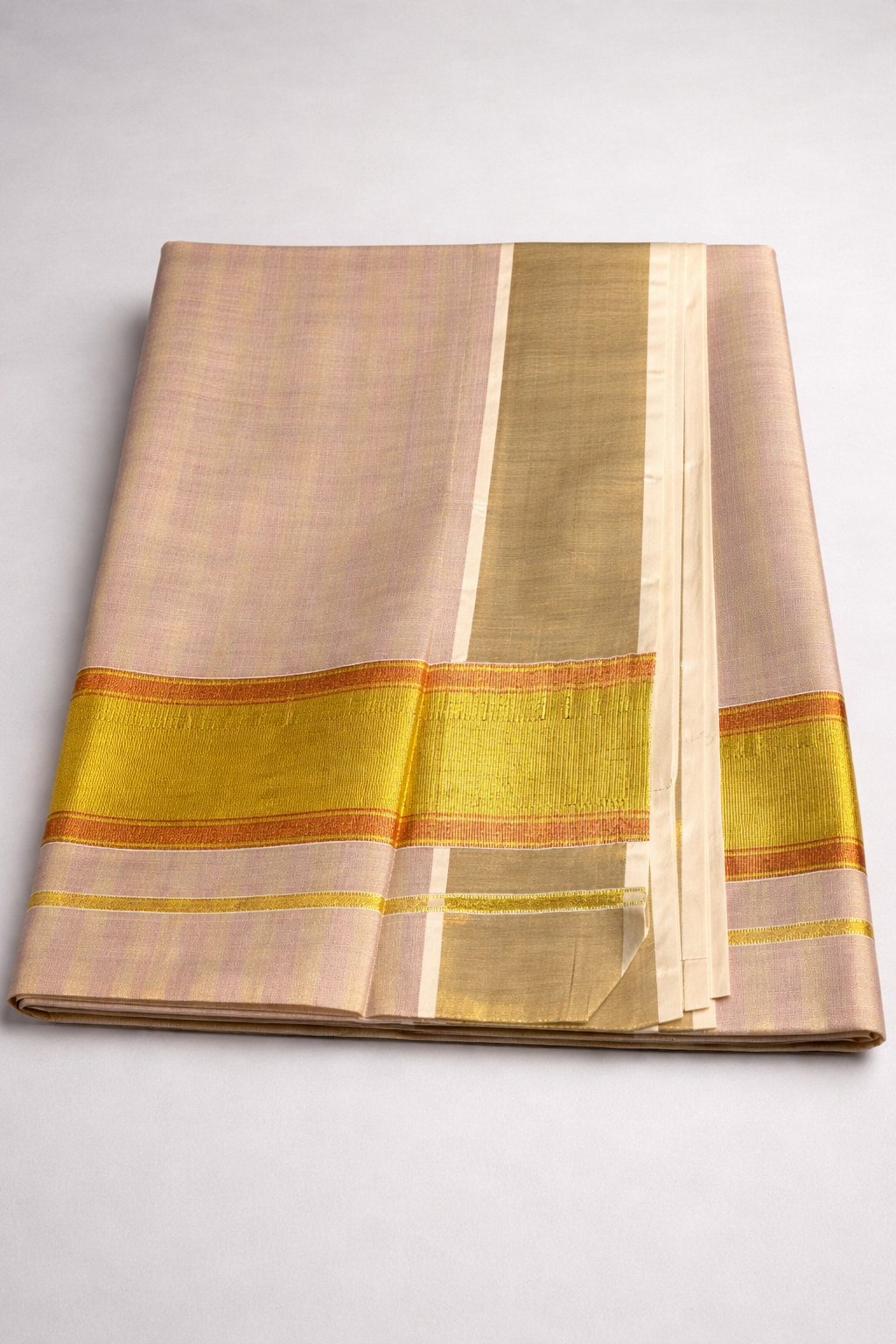 Elegant Rose Gold Tissue Silk Saree with Classic Gold Zari Border