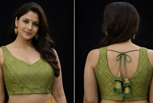 Emerald Green Brocade Designer Blouse with Pleated Tassels