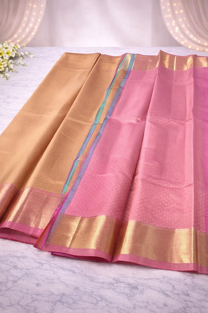 Elegant Honey Gold Silk Saree with Rose Pink Zari Border