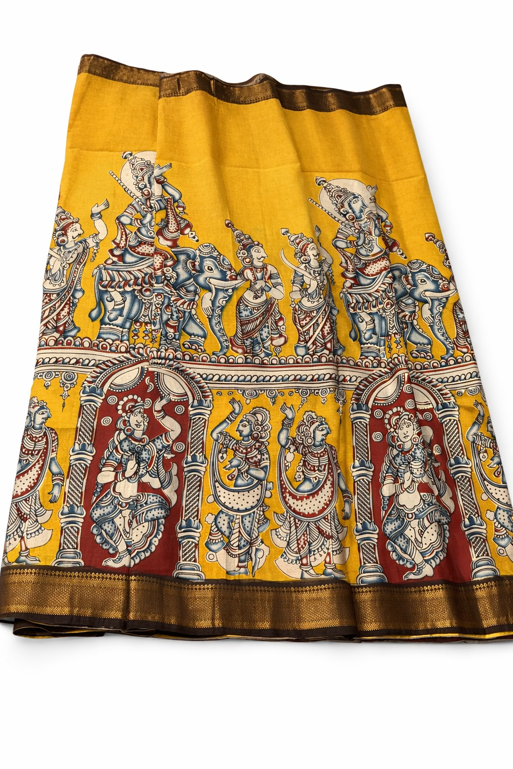 Traditional Kalamkari Story Print Saree in Mustard with Rich Brown Border (Ready with Fall & Pico)