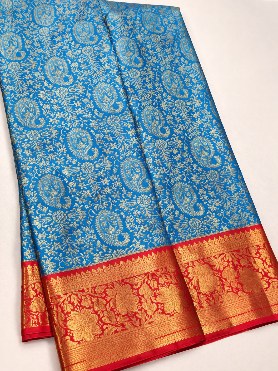Sky Blue & Vermilion Red Kanchipuram Silk Saree with Rich Gold Zari Border