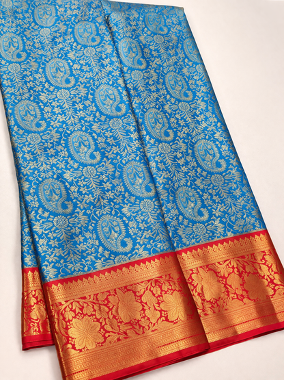 Sky Blue & Vermilion Red Kanchipuram Silk Saree with Rich Gold Zari Border