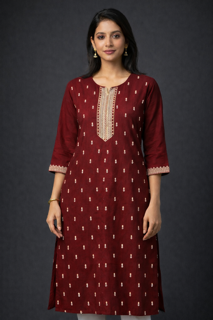 Maroon Embroidered Straight Kurti