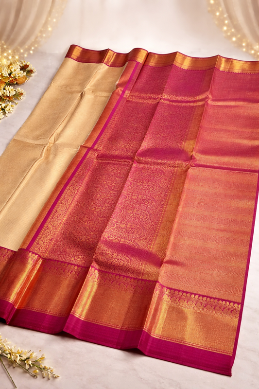 Cream Gold Soft Silk Saree with Rich Zari Border
