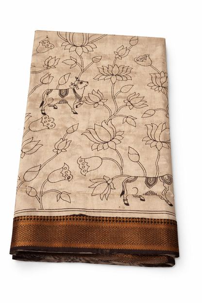 Traditional Kalamkari Story Print Saree in Mustard with Rich Brown Border (Ready with Fall & Pico)