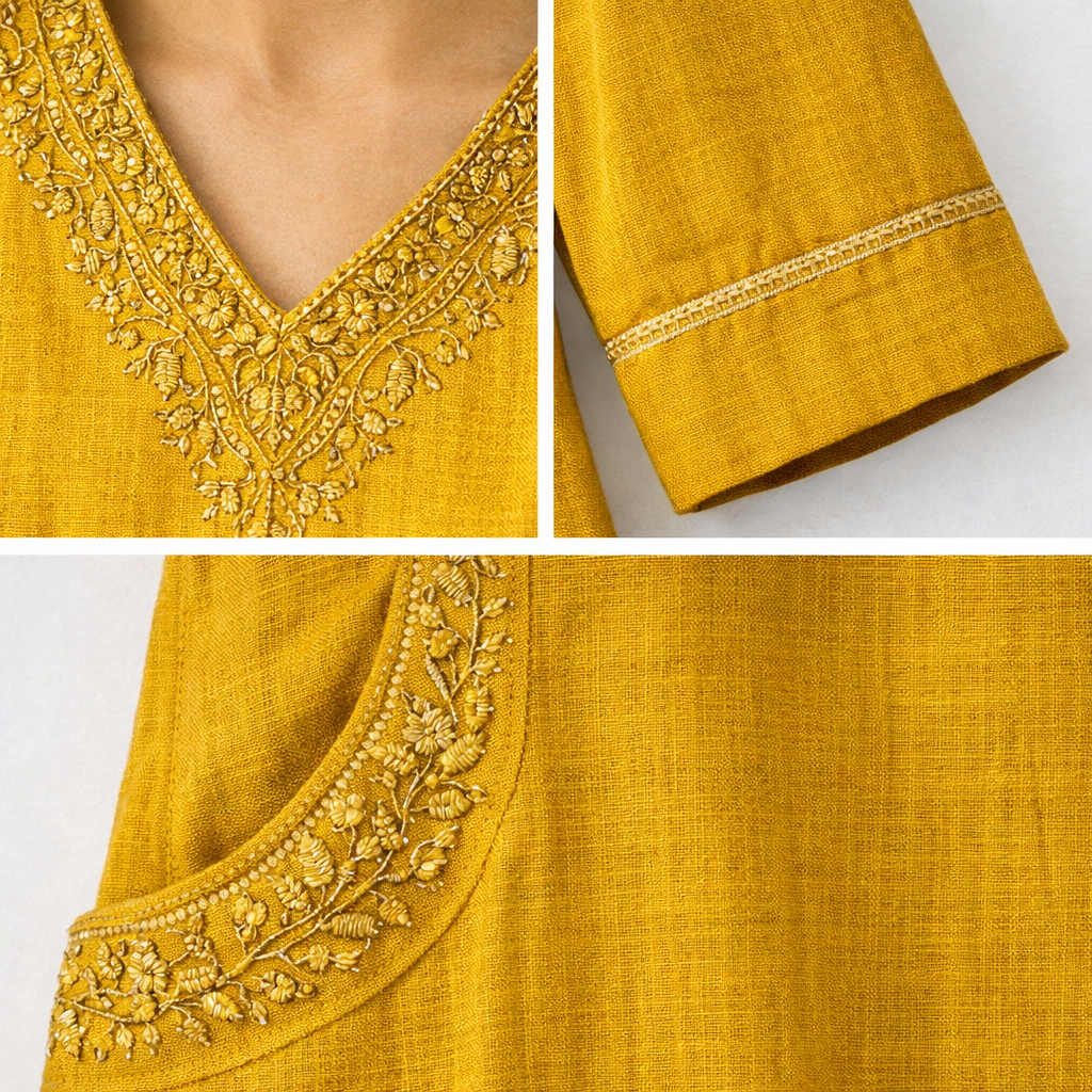 Mustard Yellow Embroidered Straight Kurti