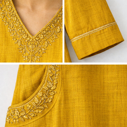 Mustard Yellow Embroidered Straight Kurti