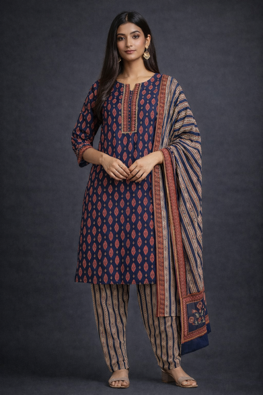 Navy Blue Printed Kurti Set