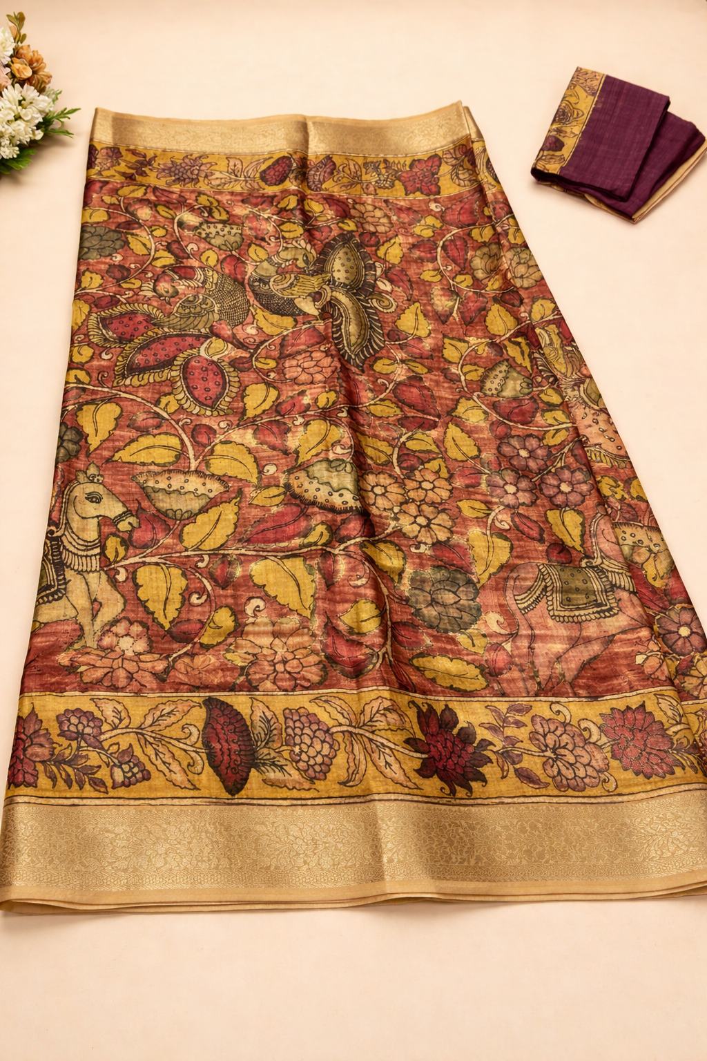 Deep Maroon Kalamkari Printed Chinnori Silk Saree(Ready to Wear with Fall & Pico)