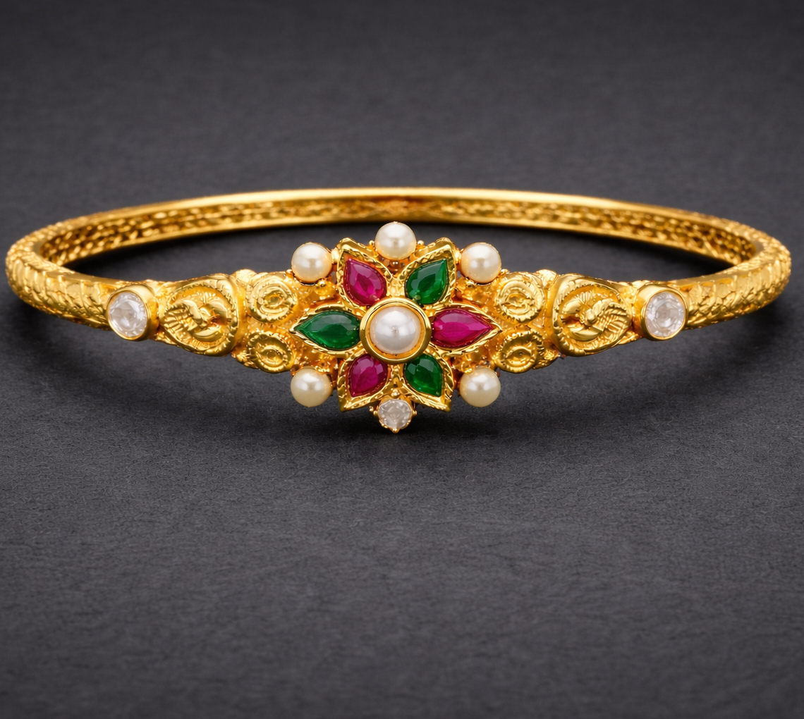Antique Floral Pearl & Navaratna Style Temple Bangle