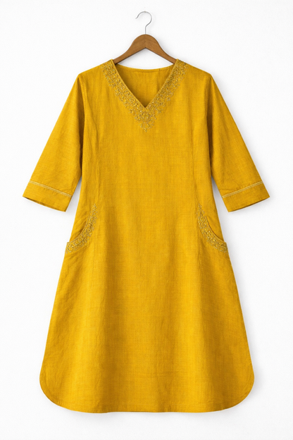 Mustard Yellow Embroidered Straight Kurti