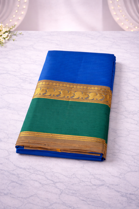 Royal Blue Silk Saree with Emerald Green & Gold Zari Border