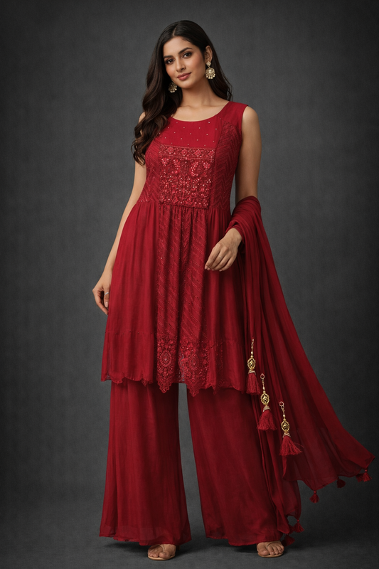Elegant Wine Red Embroidered Chudithar Set with Dupatta
