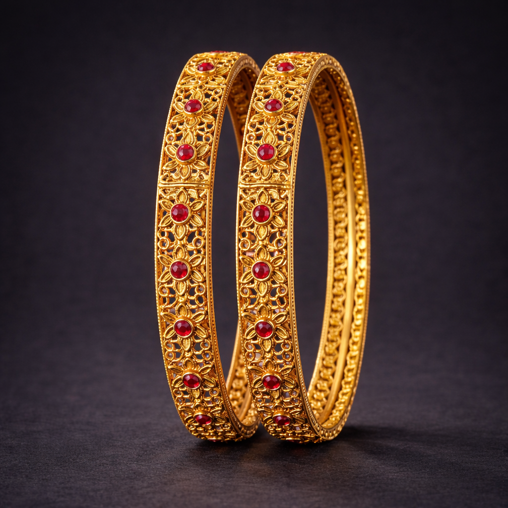 Ruby Floral Antique Gold Designer Bangles