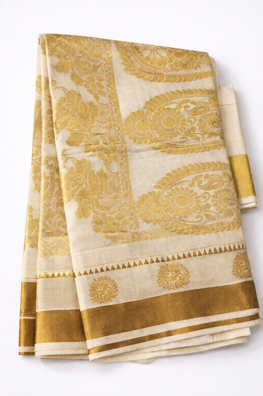 Elegant Off-White Tissue Silk Saree with Gold Zari Motifs & Traditional Border