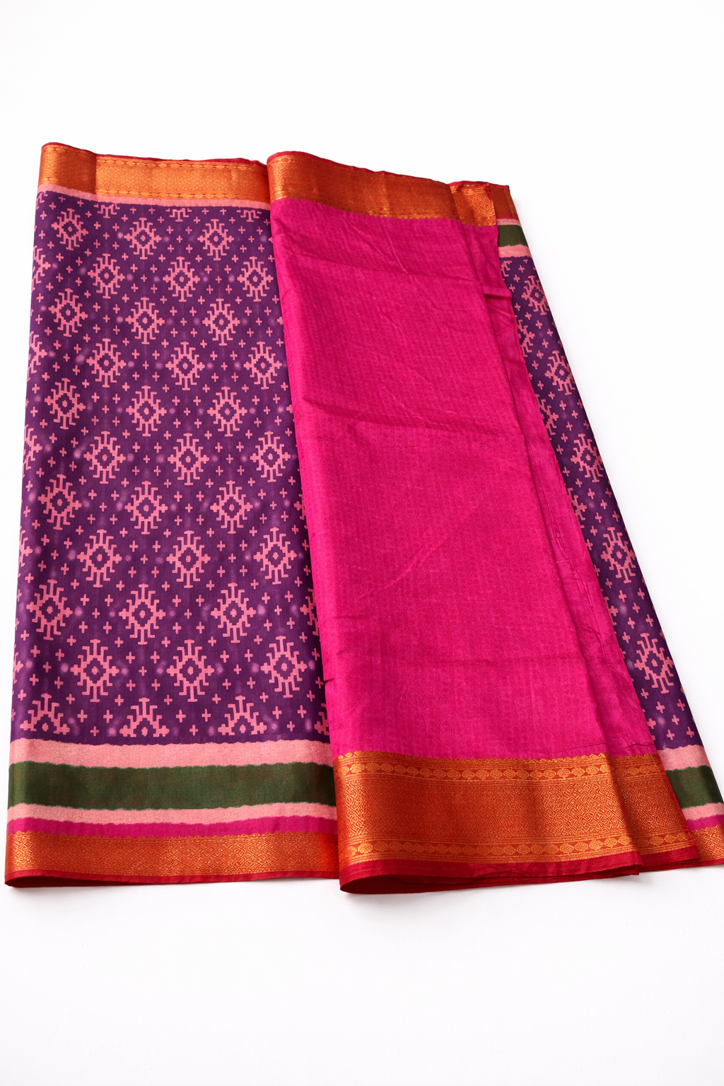 Purple Pochampally Semi Silk Saree with Contrast Pink Blouse & Green Designer Pallu