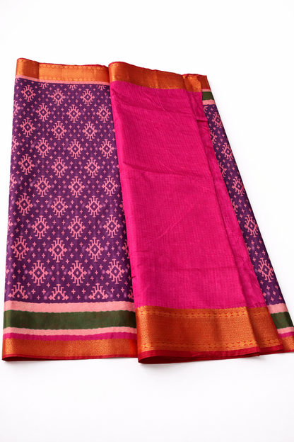 Purple Pochampally Semi Silk Saree with Contrast Pink Blouse & Green Designer Pallu