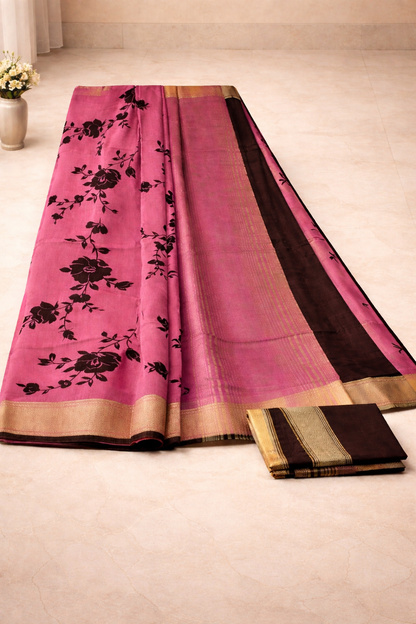 Elegant Floral Print Linen Saree with Contrast Border & Rich Pallu (Ready with Fall & Pico)