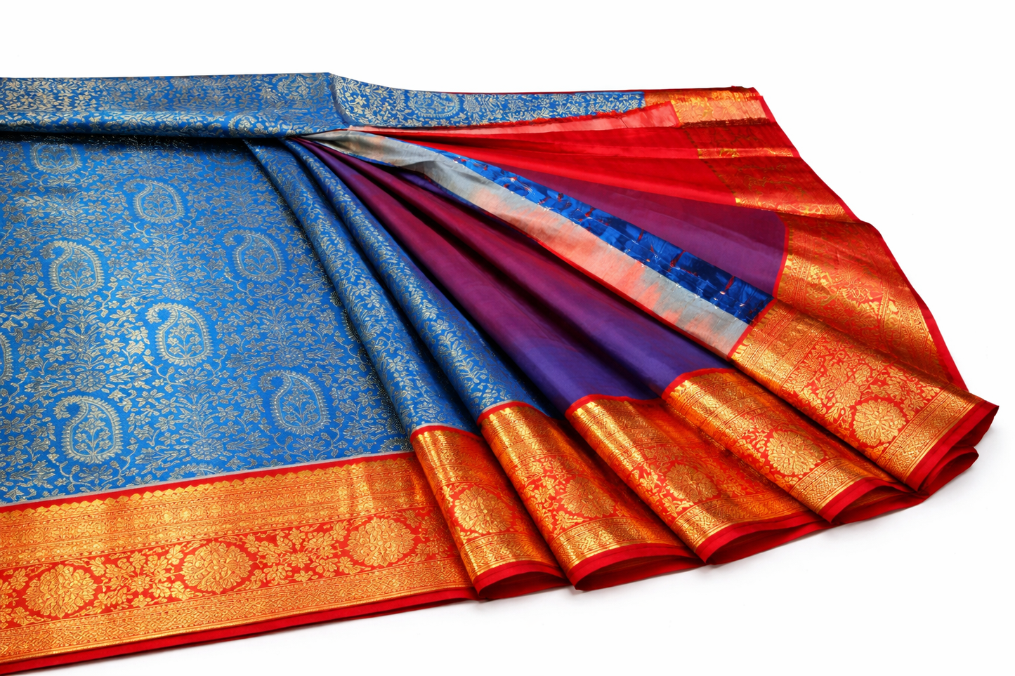Sky Blue & Vermilion Red Kanchipuram Silk Saree with Rich Gold Zari Border