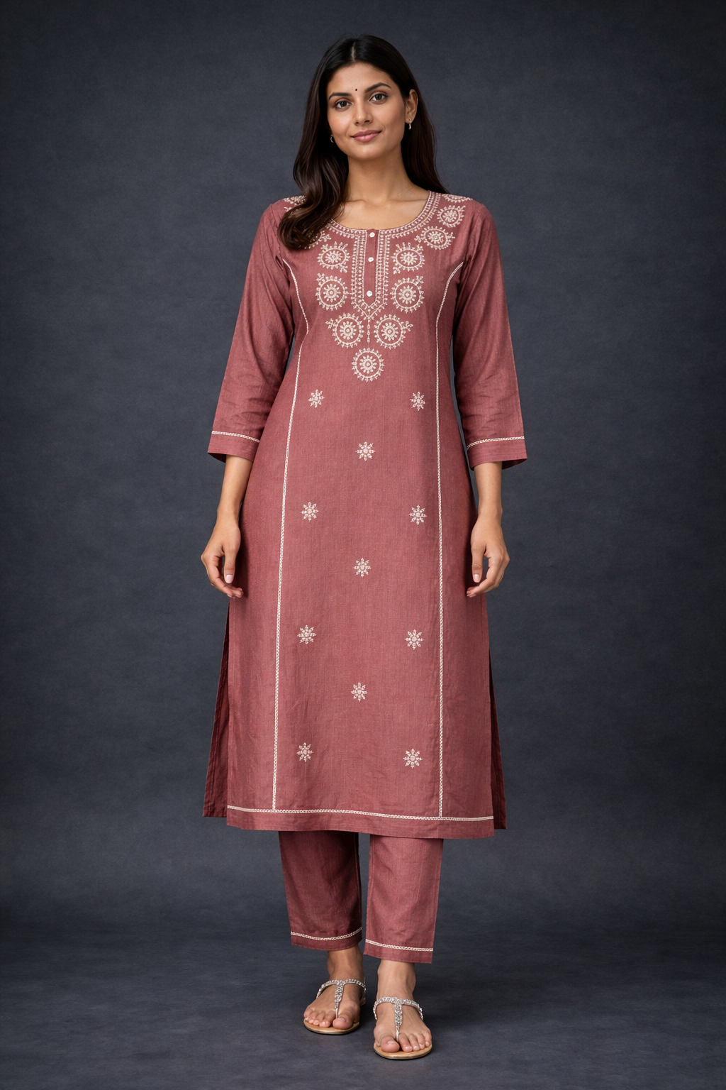 Rust Rose Floral Embroidered Kurti