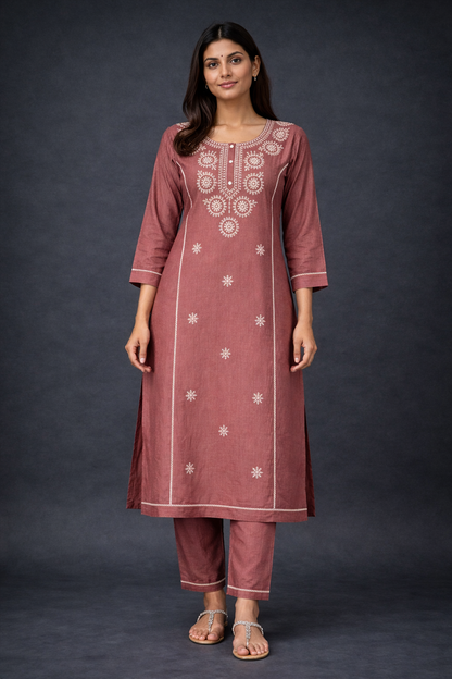 Rust Rose Floral Embroidered Kurti