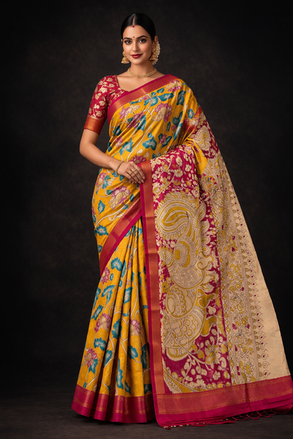 Mustard Yellow Kalamkari Print Saree with Contrast Pink Border & Traditional Pallu – (Ready with Fall & Pico)