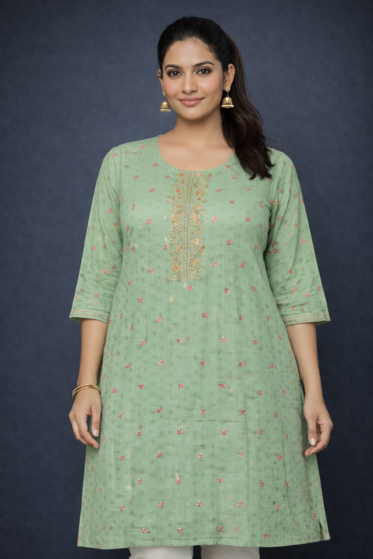 Sage Green Embroidered Straight Kurti