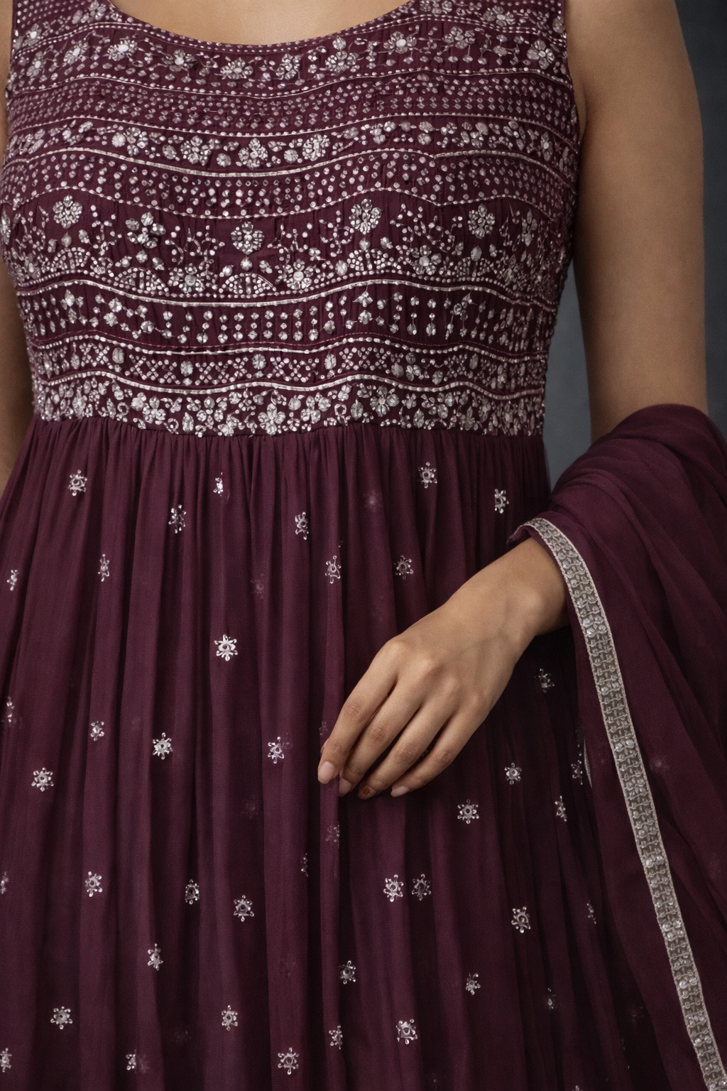 Elegant Wine Embroidered Anarkali Set