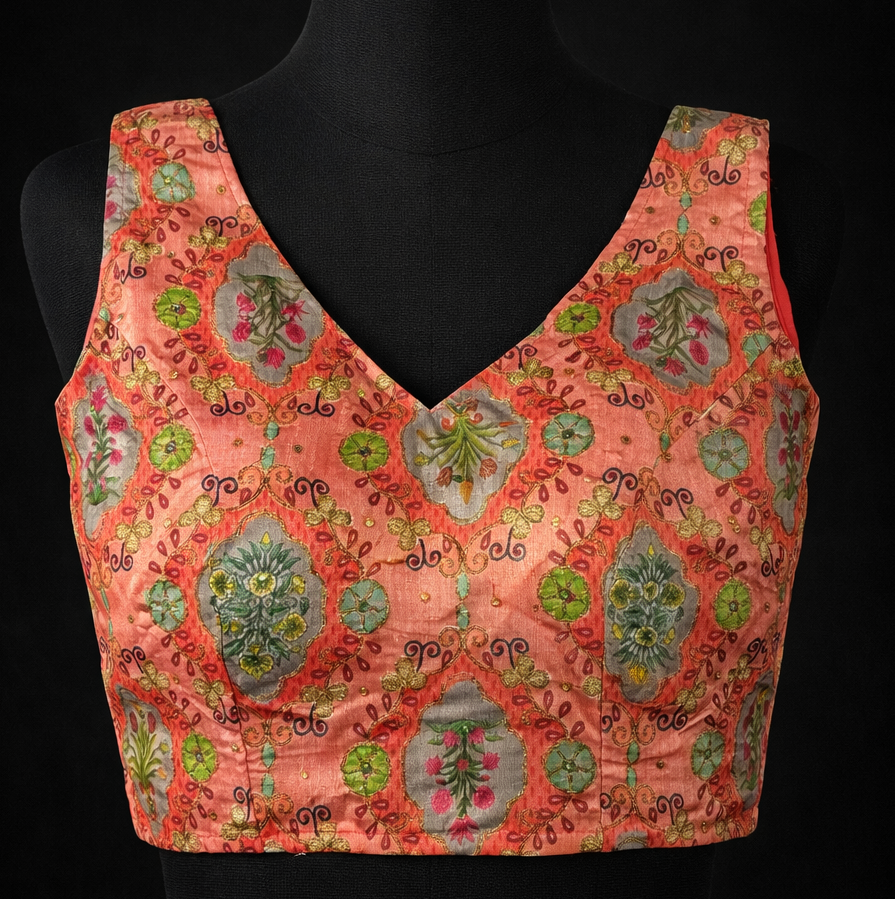 Peach Floral Embroidered V-Neck Blouse
