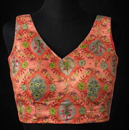 Peach Floral Embroidered V-Neck Blouse
